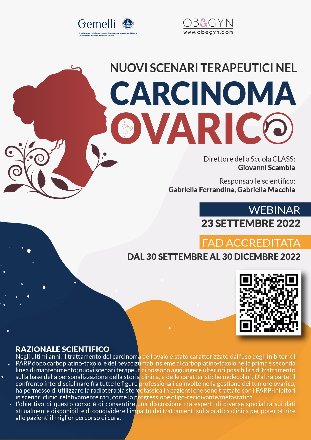 Programma NUOVI SCENARI TERAPEUTICI NEL CARCINOMA OVARICO - webinar 23/09/2022 - FAD accreditata dal 30/09 al 30/12/2022